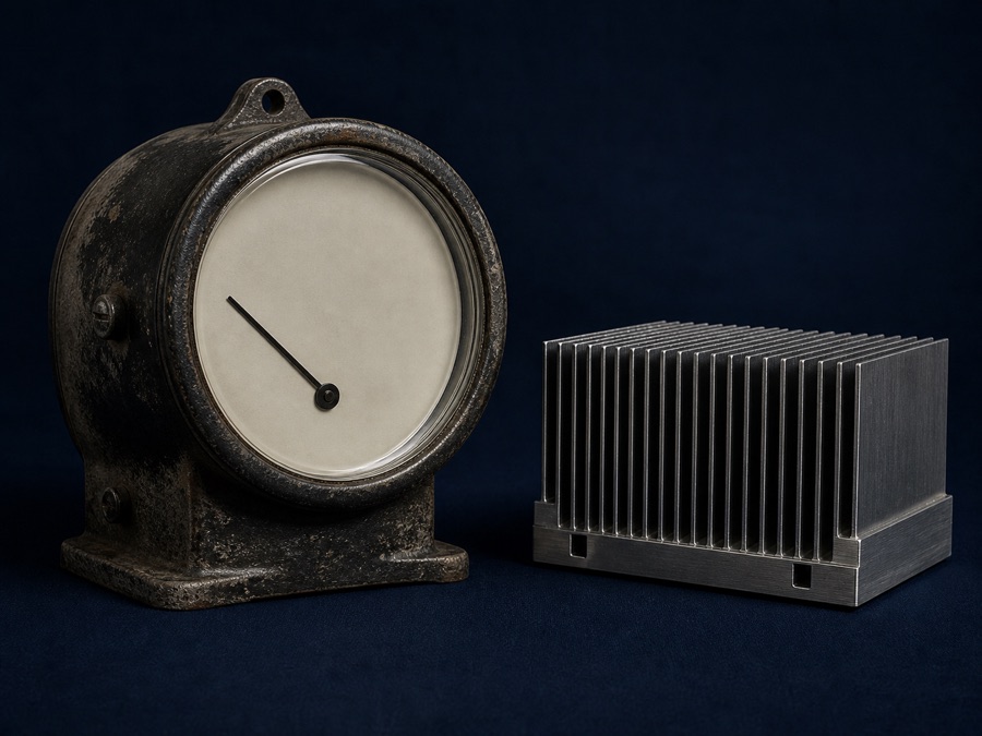 오래된 아날로그 전력 계량기와 서버용 금속 방열판을 나란히 놓은 정물 사진 — 시간대별로 달라지는 이용 요금을 은유
