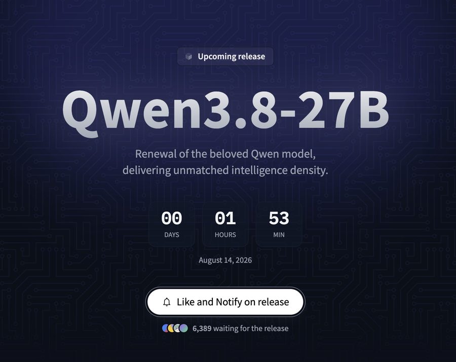 Qwen3.8-27B 공식 티저 이미지 — 출시 카운트다운과 모델명이 표시된 안내 화면