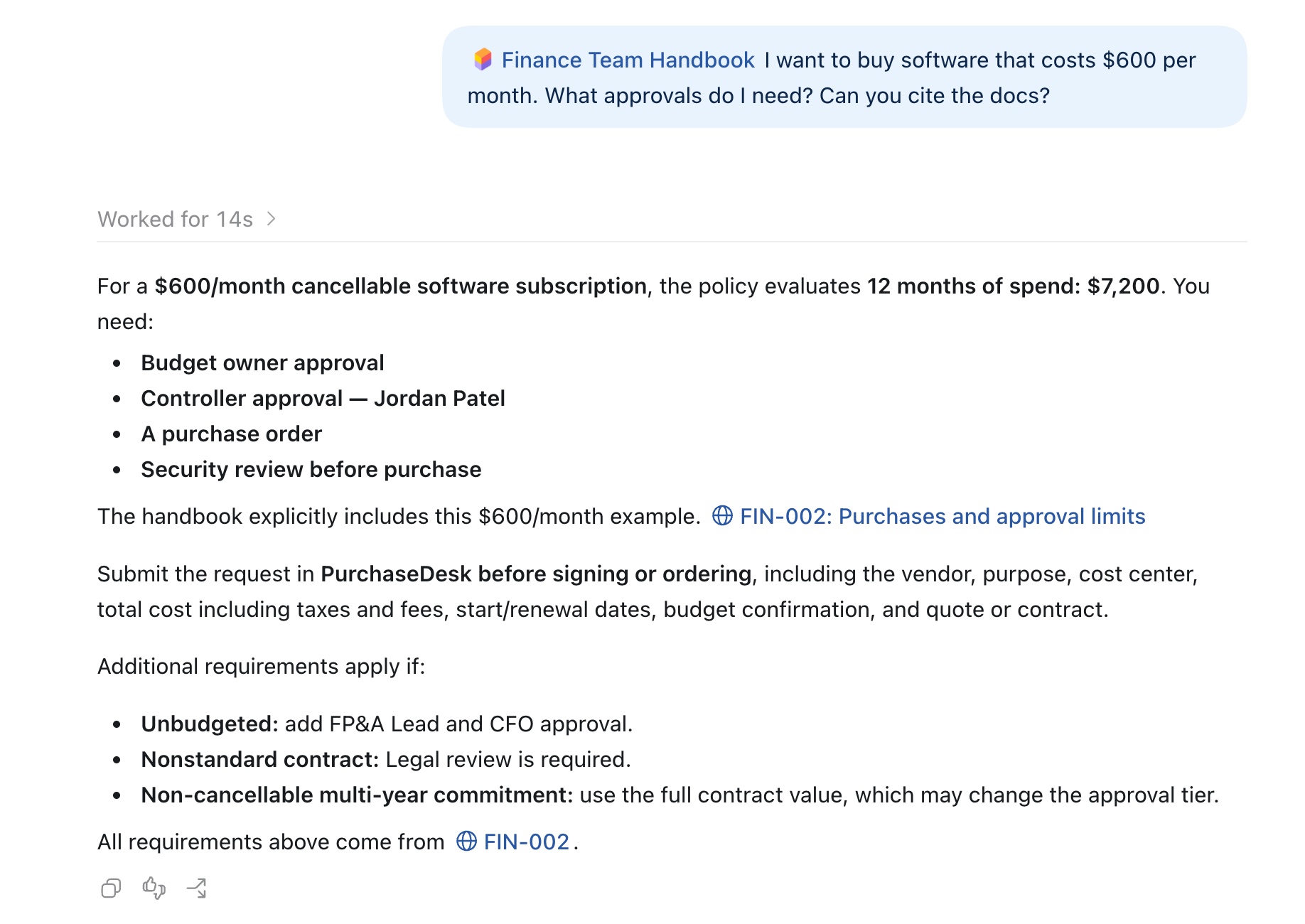 Finance Team Handbook 플러그인이 사내 규정 질문에 답하는 ChatGPT 화면