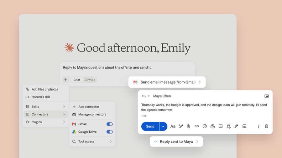 Claude 채팅 화면 옆으로 Gmail 답장 초안과 발송 완료 알림이 함께 표시된 스크린샷