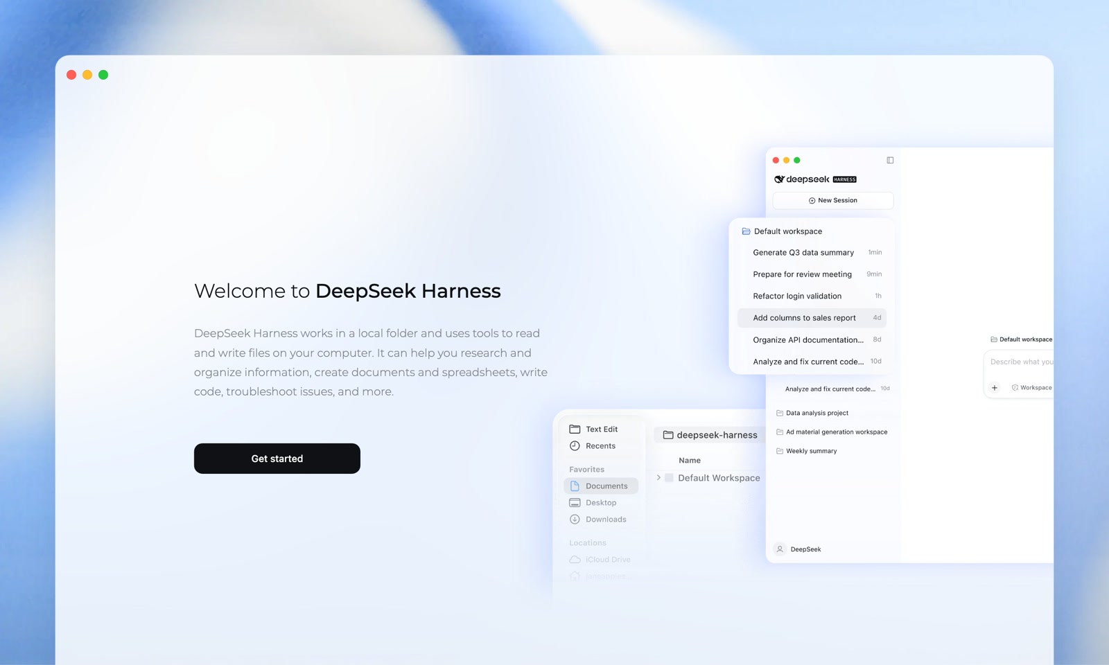 DeepSeek Harness에서 문서와 프로젝트 파일을 대화로 다루는 환영 화면