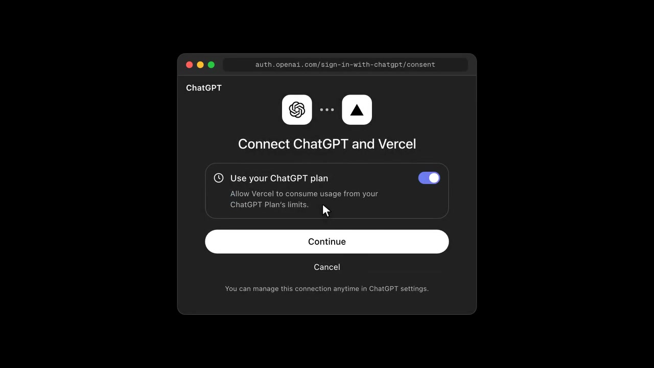 Vercel v0에서 ChatGPT와 연결해 플랜 사용량을 공유하는 동의 화면