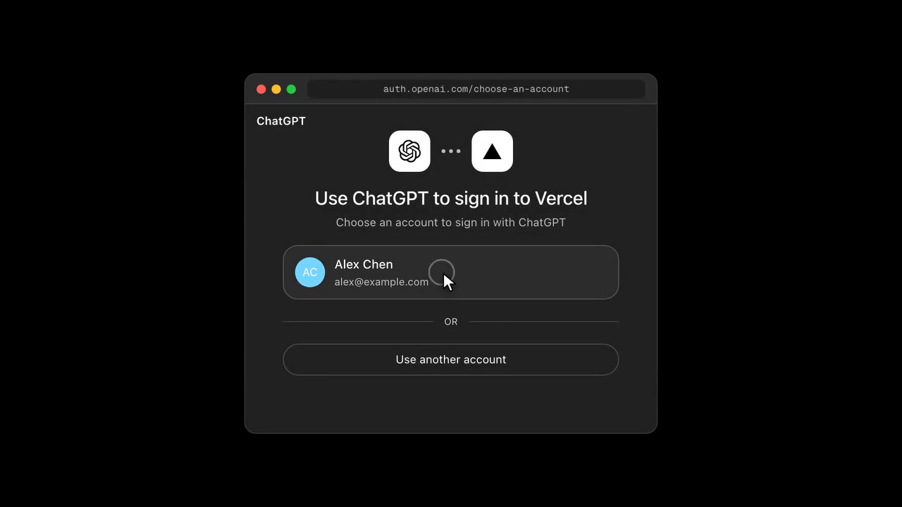 Vercel에 ChatGPT 계정으로 로그인하는 계정 선택 화면