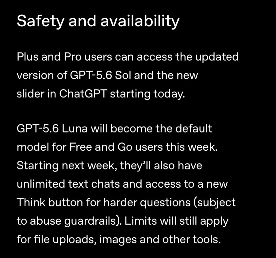 ChatGPT 무료 사용자에게 GPT-5.6 Luna 무제한 채팅을 제공한다는 X 포스트 캡처
