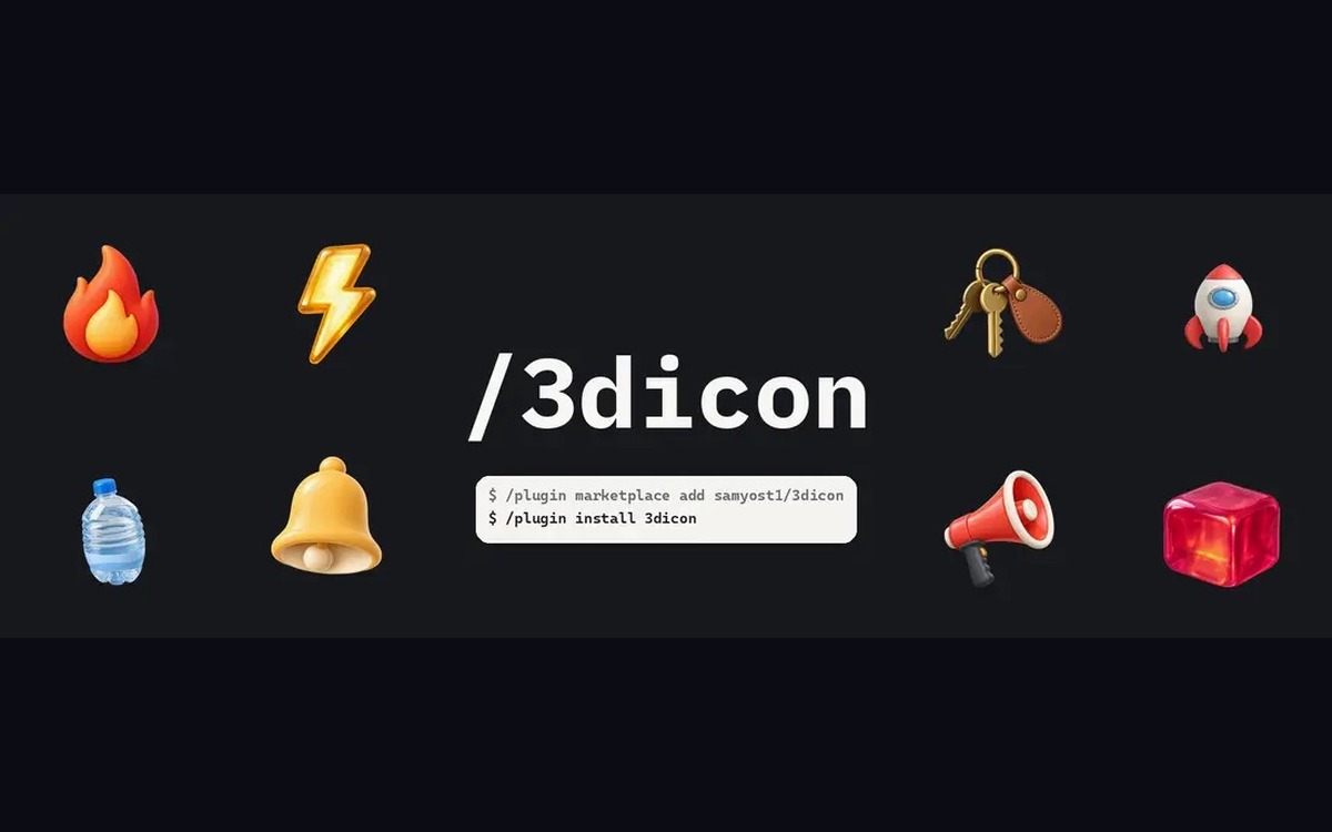3dicon README 배너의 3D 아이콘과 Claude Code 설치 명령