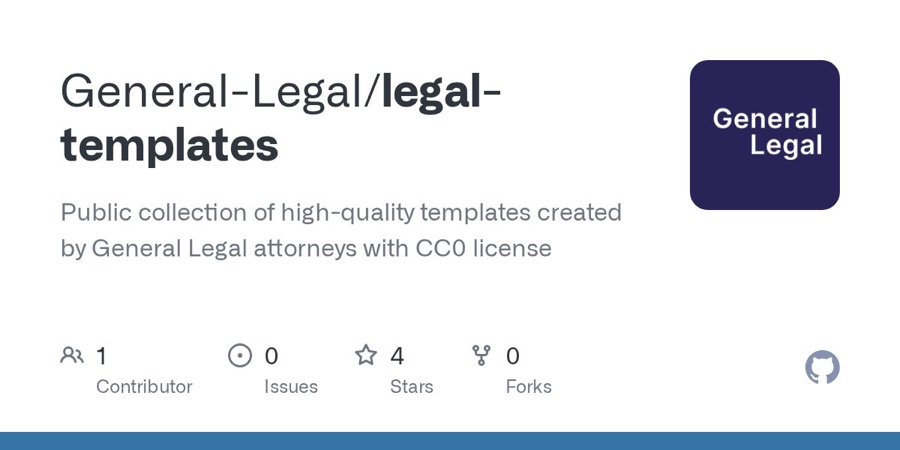General-Legal legal-templates 깃허브 저장소 소개 카드, CC0 라이선스 문구가 적혀 있다