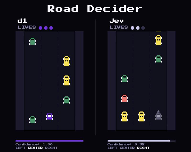 Road Decider 픽셀 레이싱 게임에서 d1과 Jev가 각자 차선을 선택하고 confidence 막대가 표시된 화면