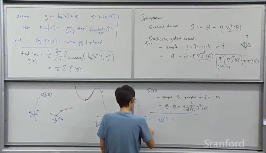 스탠퍼드 CS336 강의에서 확률과 경사하강법을 설명하는 화이트보드와 강사
