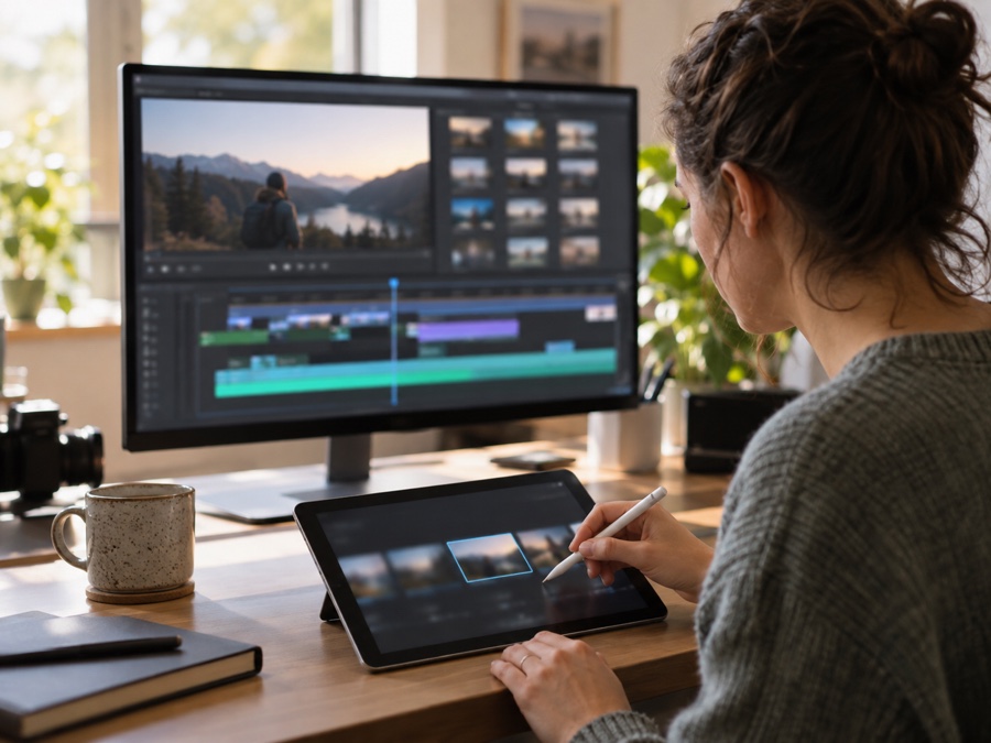 A workspace where a video editor looks over a timeline on a monitor and marks a frame on a tablet