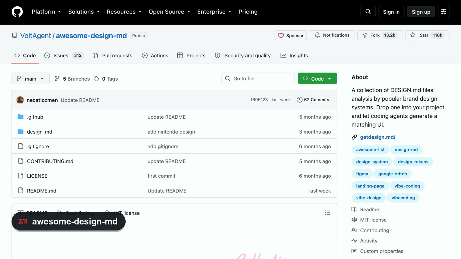 VoltAgent awesome-design-md 저장소 화면