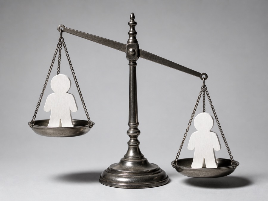 밝은 회색 배경 위 양팔저울에 놓인 사람 모양 나무 블록 두 개, 한쪽으로 기울어진 정물 사진