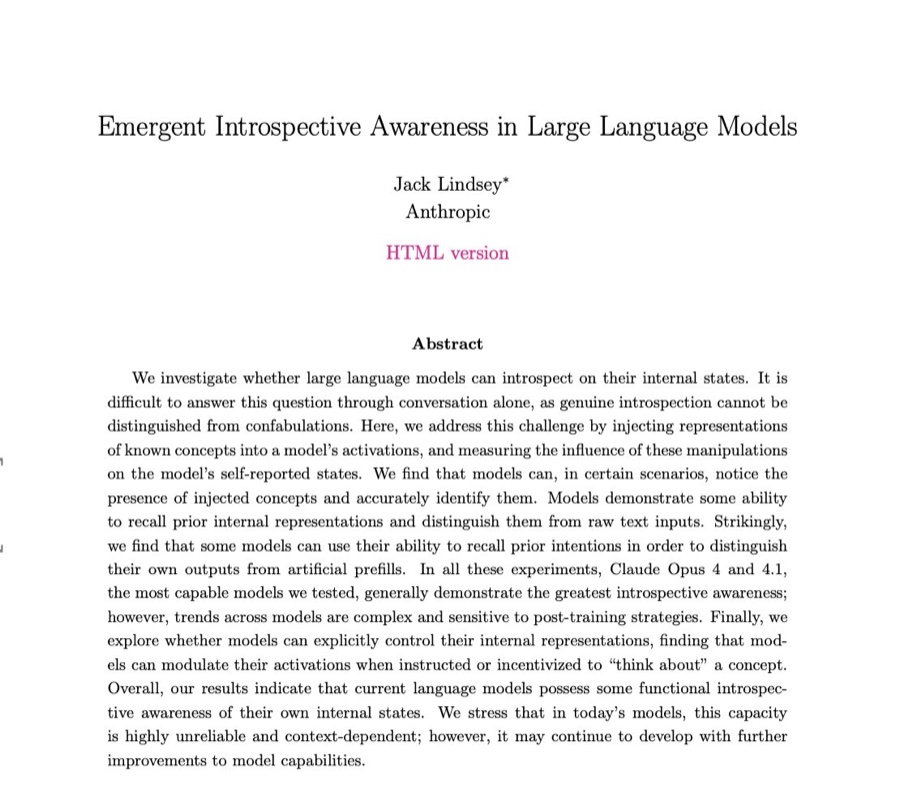 Anthropic 논문 'Emergent Introspective Awareness in Large Language Models' 표지를 캡처한 스크린샷