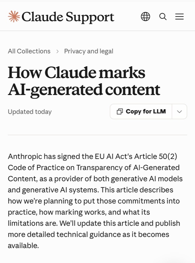 Claude Support 공식 고객센터 문서 'How Claude marks AI-generated content' 캡처 — EU AI Act 제50조 2항 서명 사실 설명(X 원본 첨부 이미지)