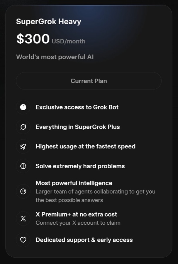 어두운 배경의 SuperGrok Heavy 요금제 카드, $300 USD/month 가격과 Grok Bot 전용 접근·SuperGrok Plus 전체 기능·최대 사용량·X Premium+ 무료 제공 등 기능 목록이 나열된 화면