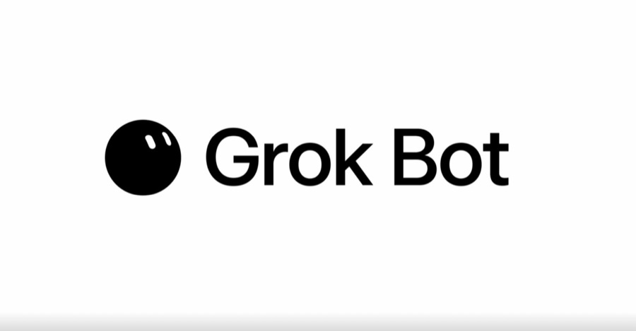 흰 배경에 검은 구체 아이콘과 'Grok Bot' 워드마크가 있는 제품 소개 그래픽