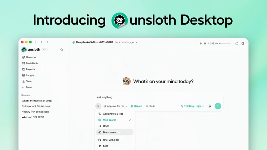Unsloth Desktop 앱 UI를 보여주는 데모 스크린샷, 민트색 배경에 'Introducing unsloth Desktop' 타이틀