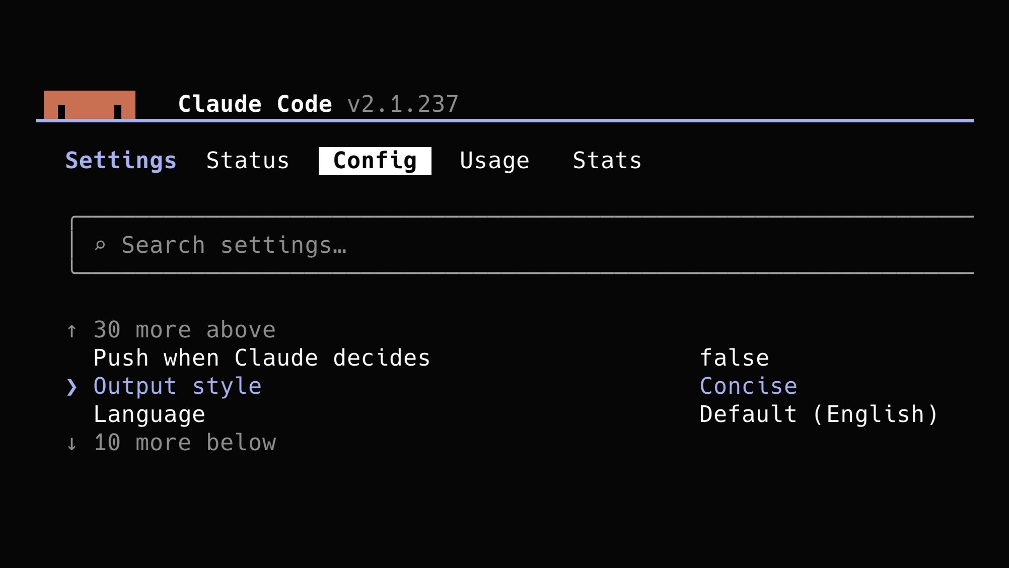 검은 배경의 터미널 화면, 클로드 코드 v2.1.237 Config 탭이 열려 있고 Output style 항목이 Concise로 설정돼 있다