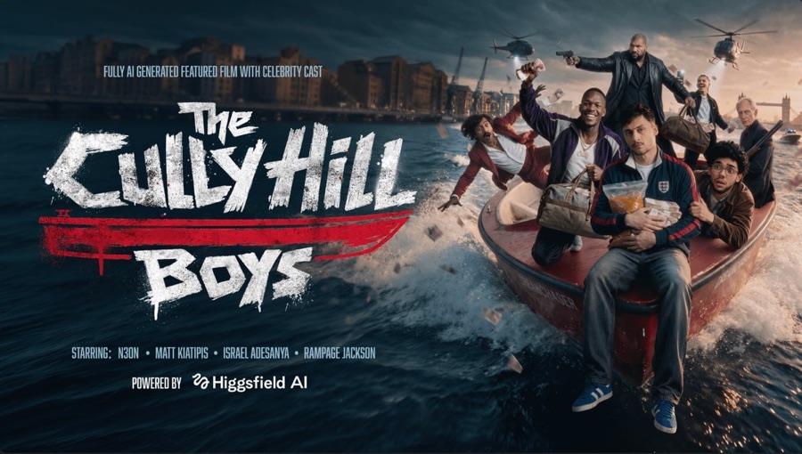 Higgsfield AI 공식 계정이 공개한 영화 The Cully Hill Boys 포스터 — N3on·Matt Kiatipis·Israel Adesanya·Rampage Jackson 출연 표기(X 원본 이미지)