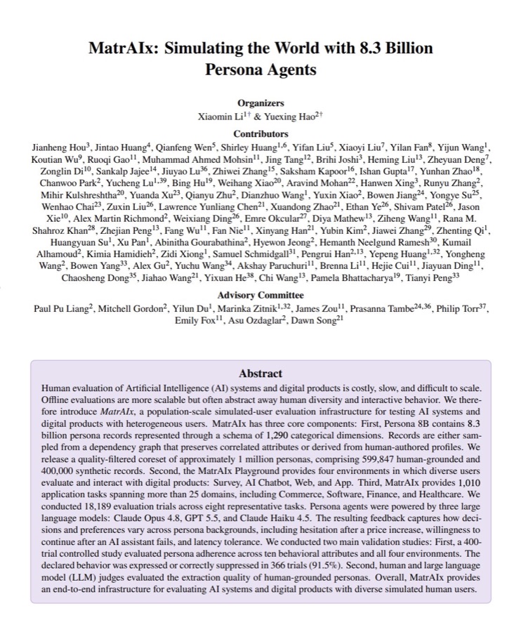 arXiv 논문 'MatrAIx: Simulating the World with 8.3 Billion Persona Agents' 표지 스크린샷 — 저자진 목록과 초록(Abstract)이 담긴 페이지