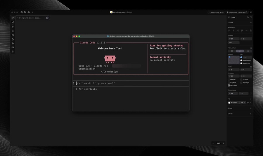 pen.dev의 캔버스 디자인 화면 — IDE 안에서 Claude Code가 연결된 채로 UI 프레임을 편집하는 모습